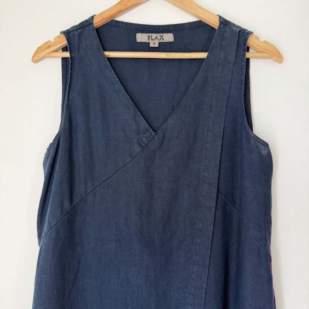 Flax Linen Dress Navy Blue V-neck Sleeveless Women’s S Lagenlook Minimalist